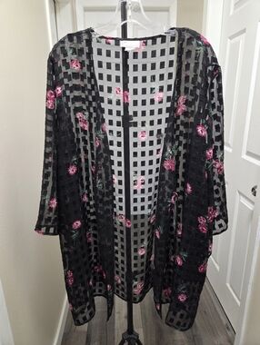 Versailles Sheer Black Grid Kimono with Pink Floral Accents